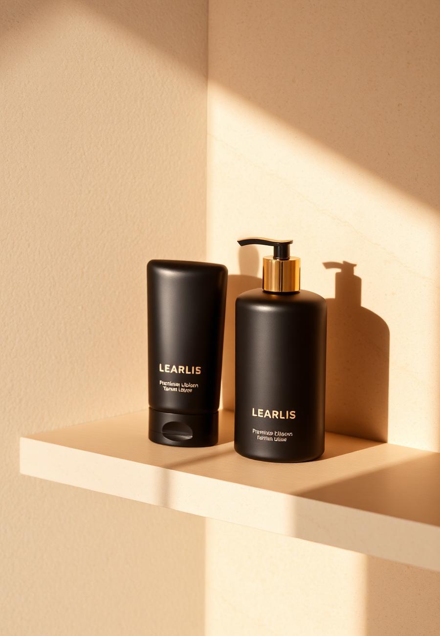Premium tanning lotions on a stone shelf