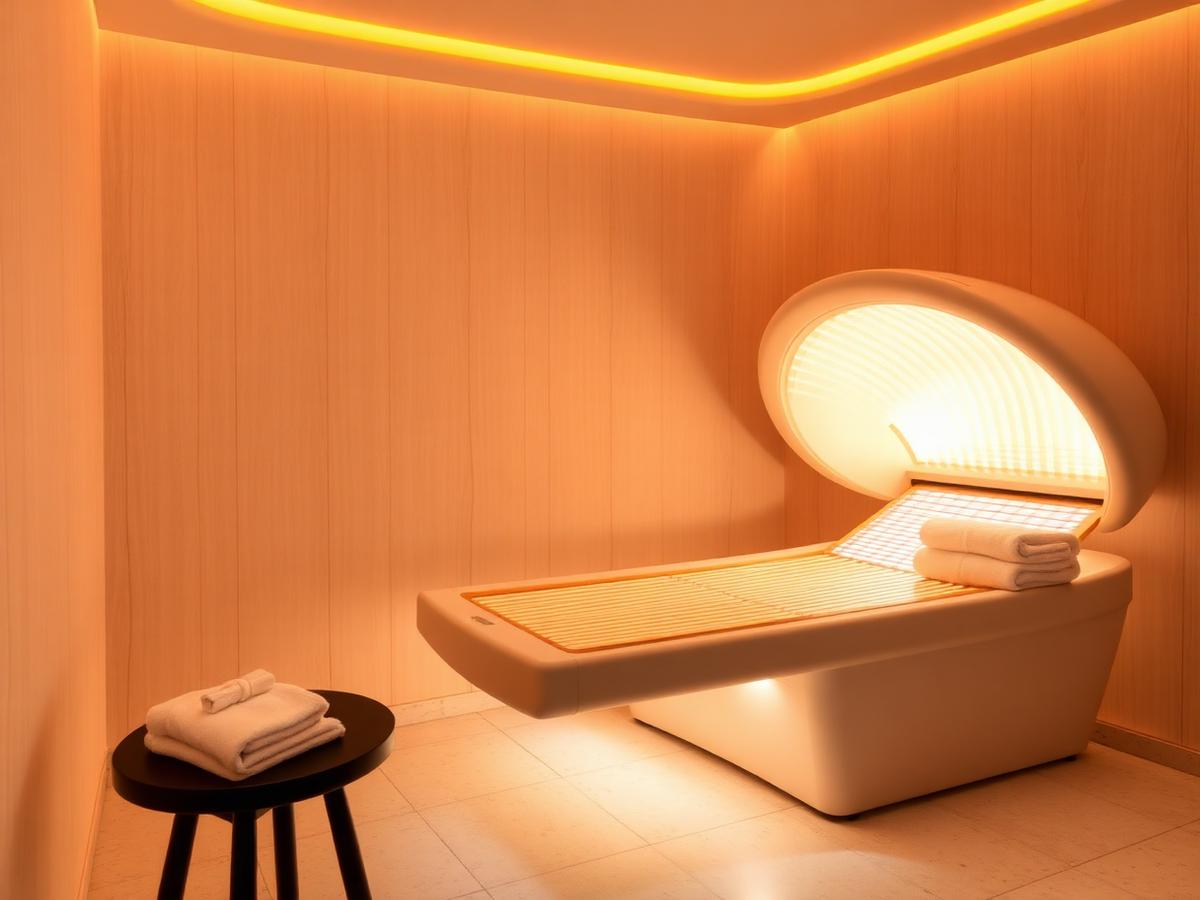 Private tanning room with warm golden glow